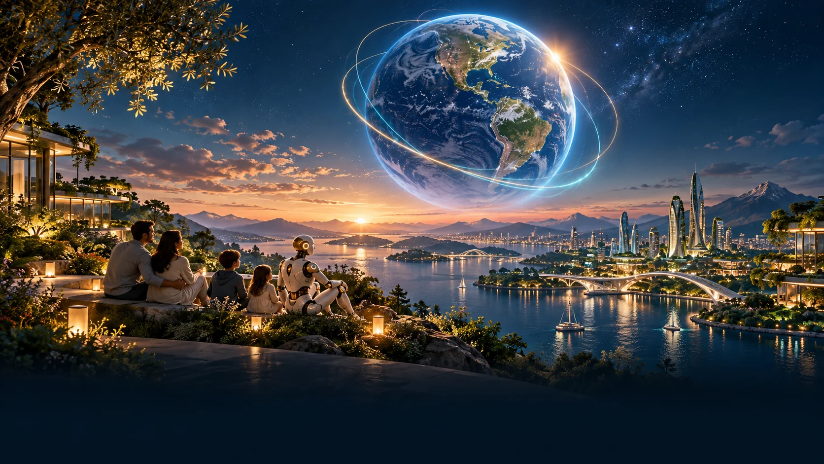 Vision concept: a family and a humanoid AI enjoy a peaceful waterfront garden beneath a luminous Earth, surrounded by a green future city.