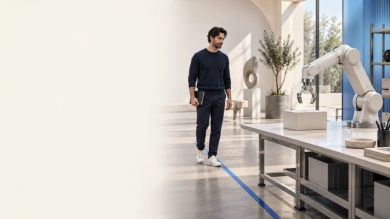 Concept illustration of a stationary robot arm beside a parcel as a person approaches the boundary of a shared workspace.