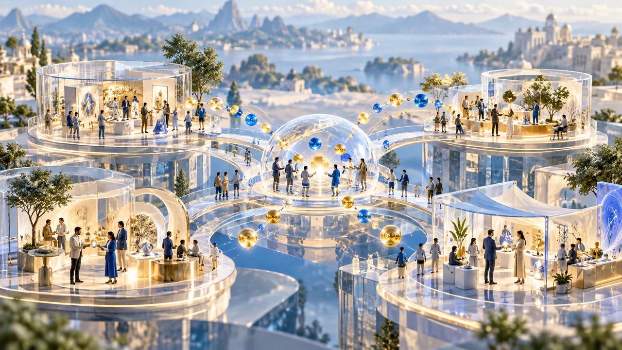 Groups of people in connected glass pavilions with blue and gold spheres above a coastal city.