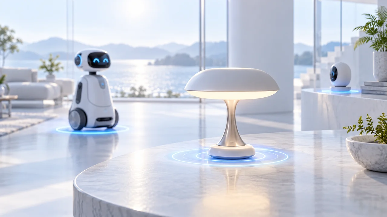 Concept illustration of a table lamp, a small robot and a sensor beside luminous blue rings in a bright room.