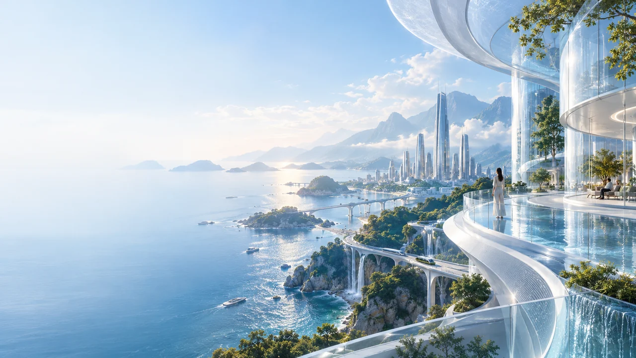 Concept visualization of a coastal city where people and AI share public spaces.