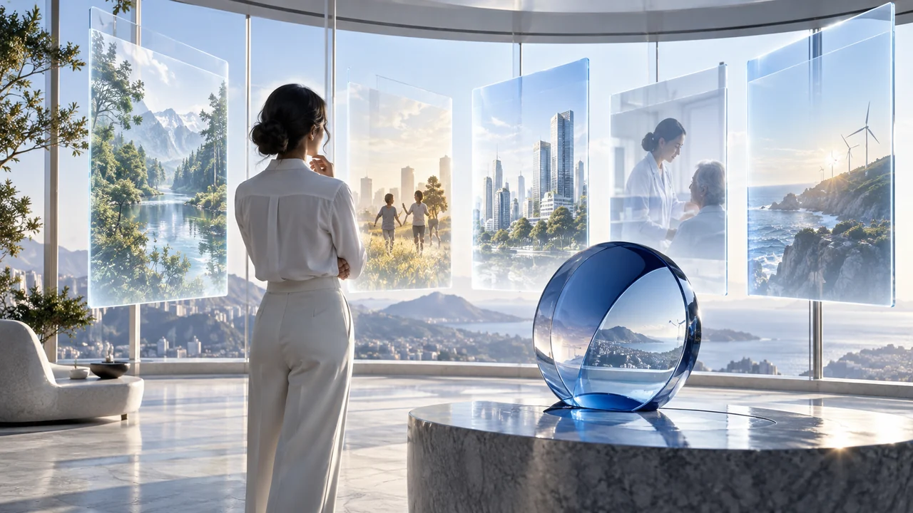 A woman faces translucent panels showing landscapes, people, a city, a care scene and wind turbines.