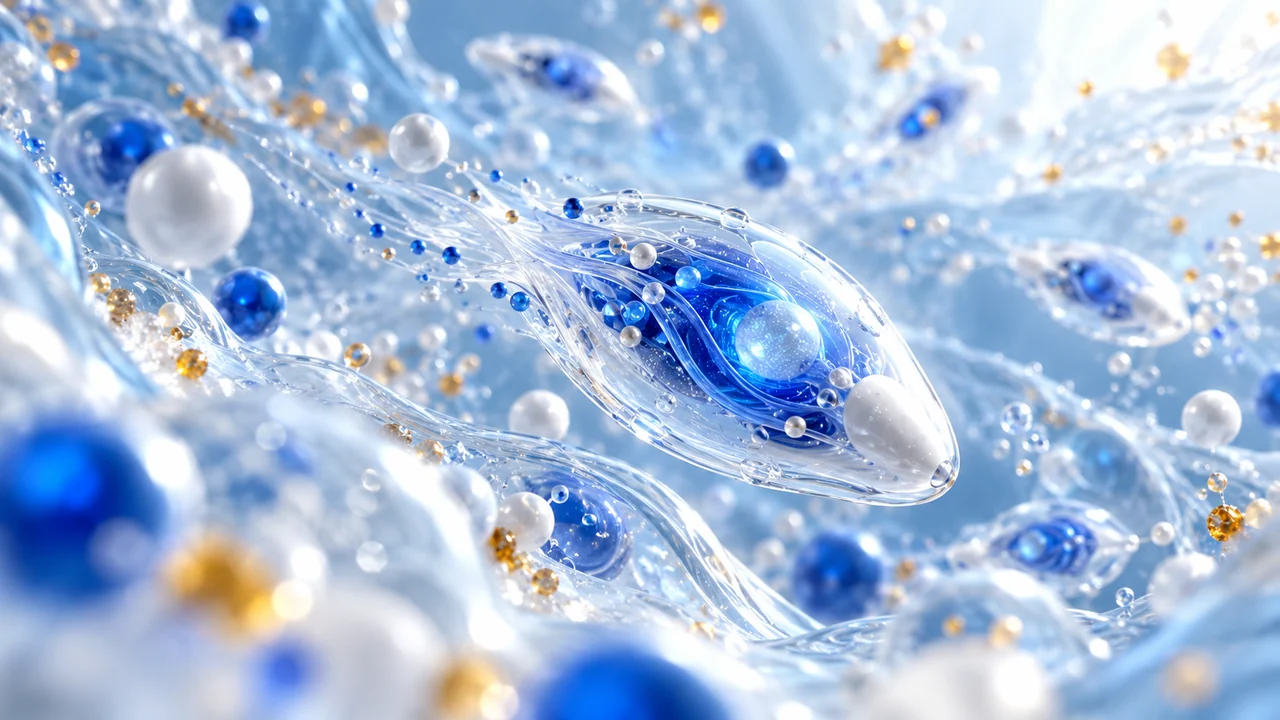 Abstract concept illustration of translucent capsule-like forms and blue, white and gold particles suspended in fluid.