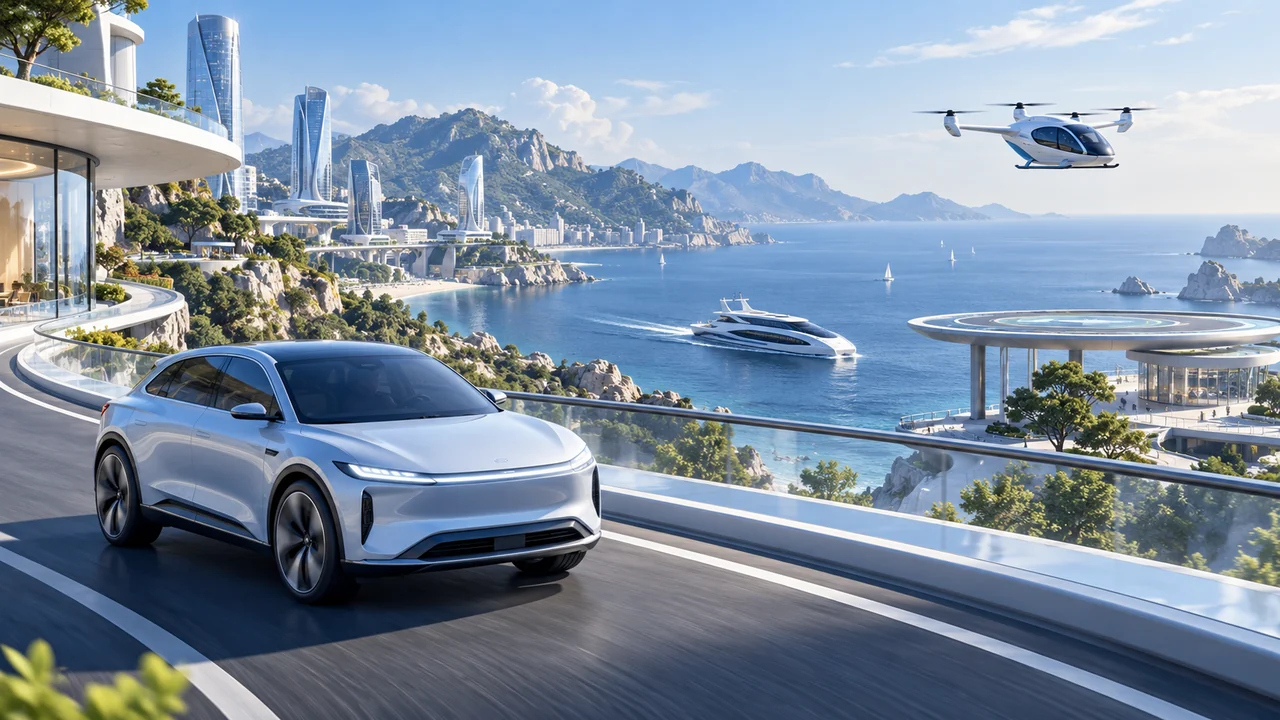A white car on a coastal road, a rotorcraft in the sky, and a vessel on the water.