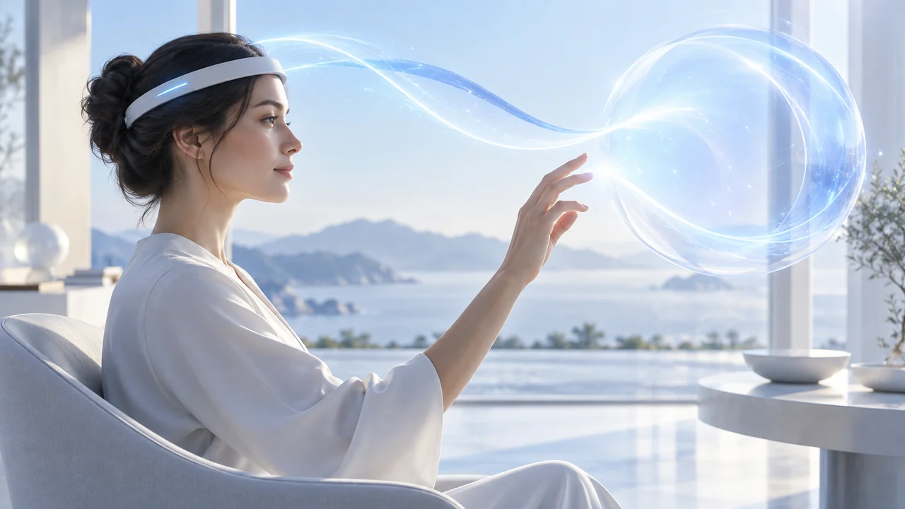 Concept illustration of a person wearing a white headband and reaching toward a translucent light field.