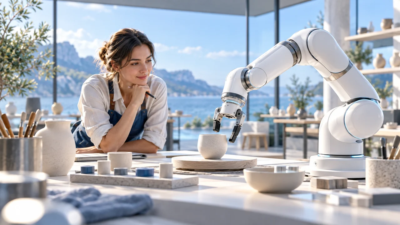 A woman watches a white robot arm position its gripper over a ceramic cup on a worktable.