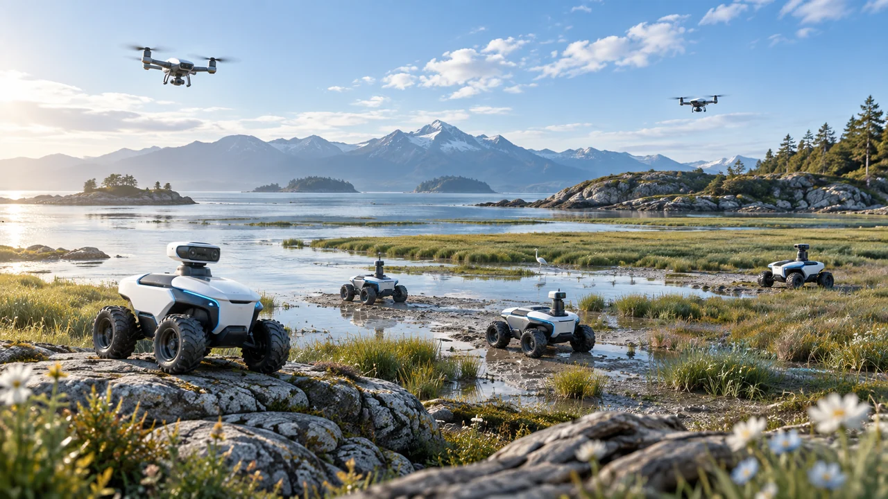 Several wheeled robots on a grassy shoreline and two drones above a bay with mountains beyond.