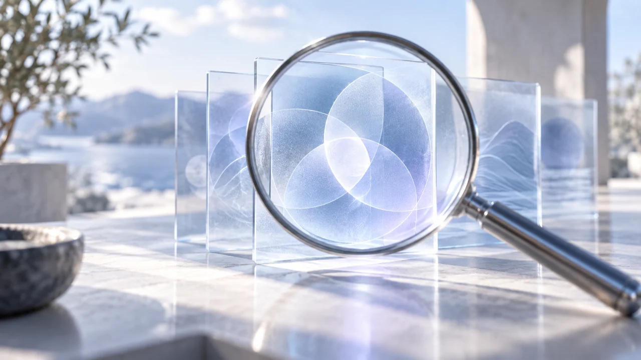 A magnifying glass over translucent panels with abstract circles and waves in a bright outdoor setting.