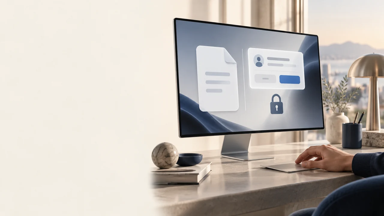 Concept illustration of a pending file access request on a desktop display, with a closed lock and a person ready to review it.